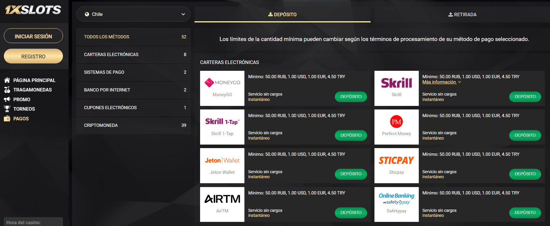 Métodos de pago en 1xSlots casino