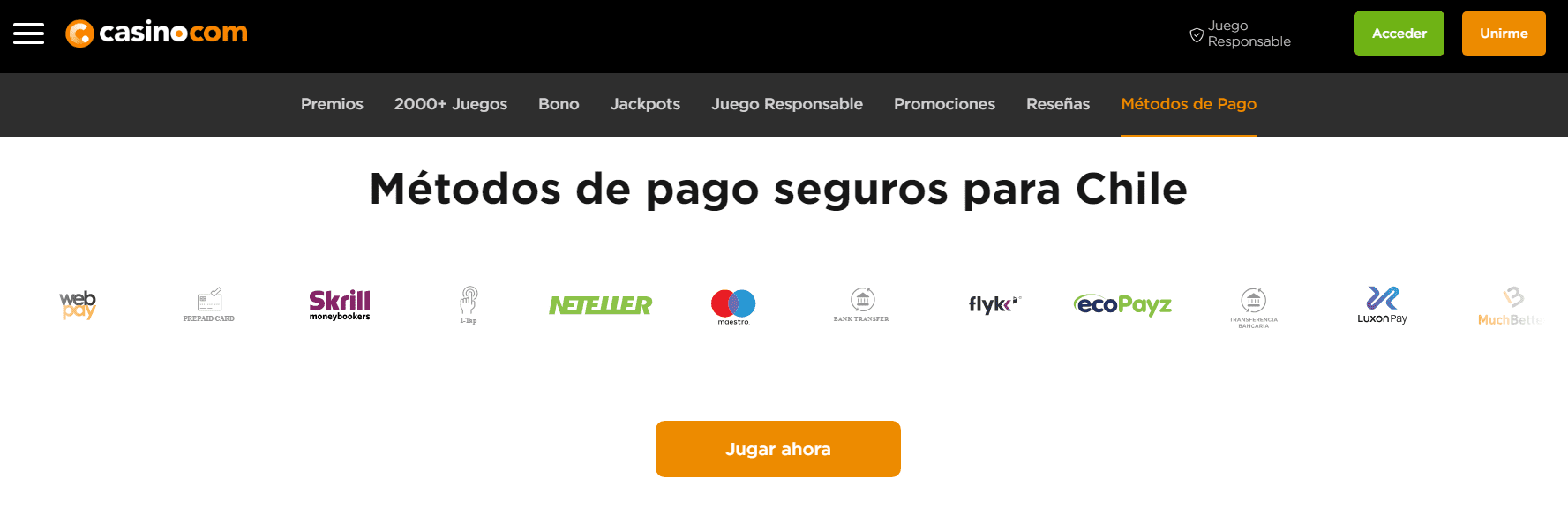 M&eacute;todos de pago en Casino.com