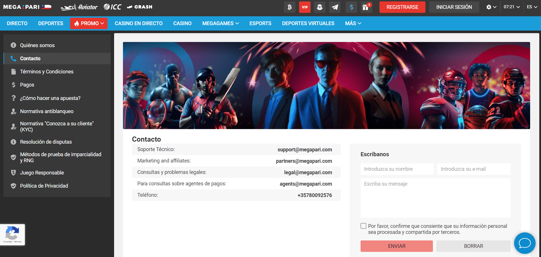 Soporte de Megapari casino