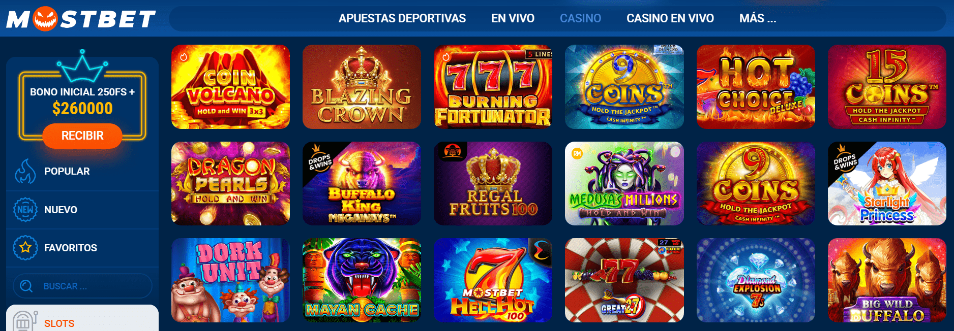 Cat&aacute;logo de tragaperras de Mostbet casino