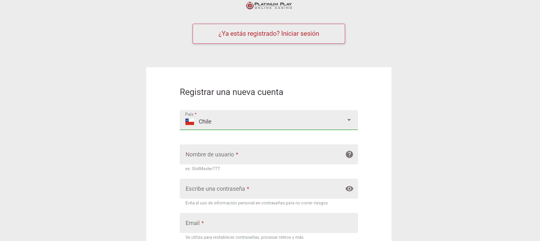 Registro en Platinum Play