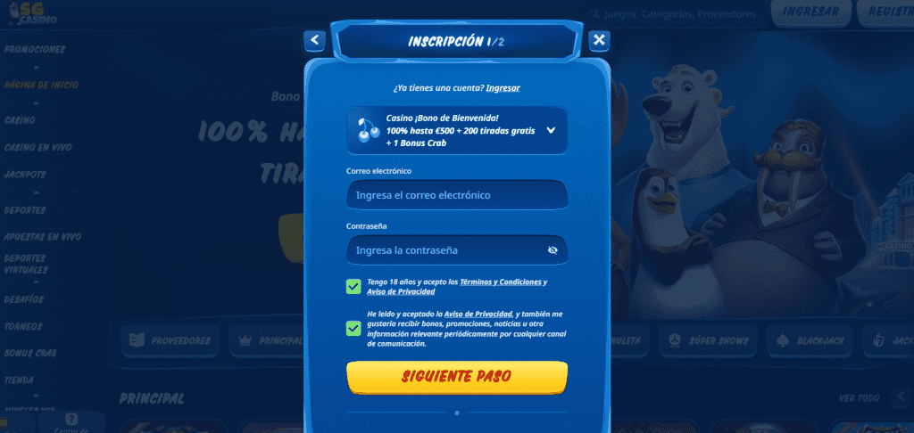 Proceso de registro en SGCASINO